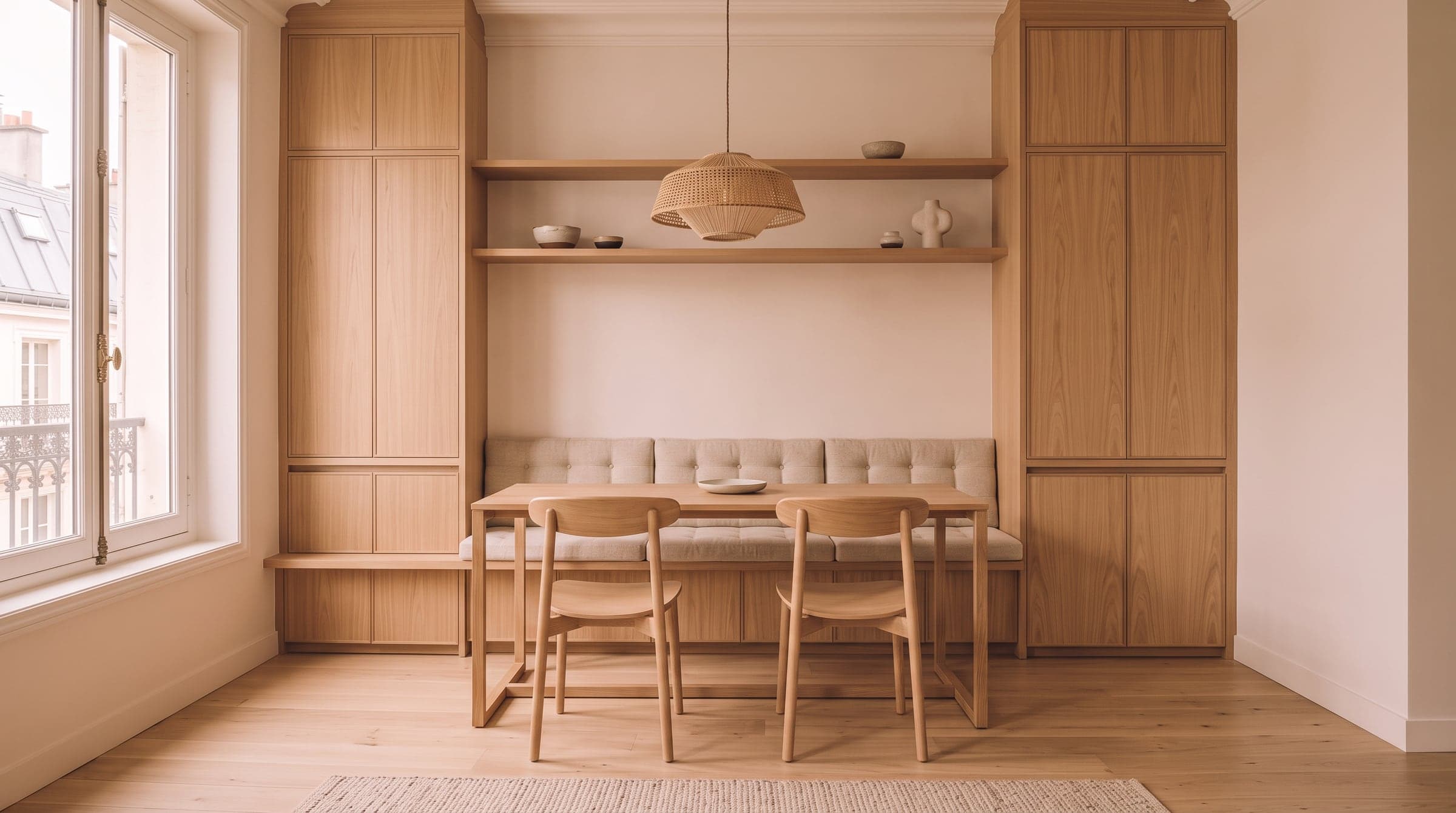 Table à manger en bois clair installée contre une fenêtre, chaises dépareillées et banquette intégrée le long du mur