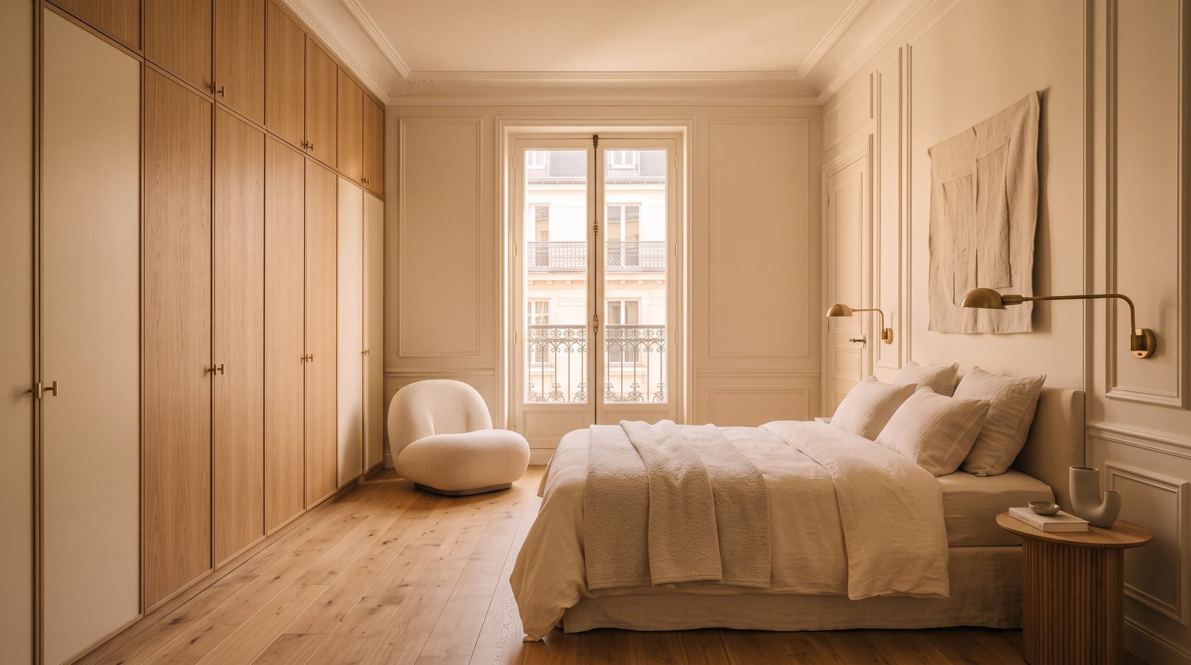 A finished Paris bedroom with built-in oak storage along one wall, warm evening light and a made bed