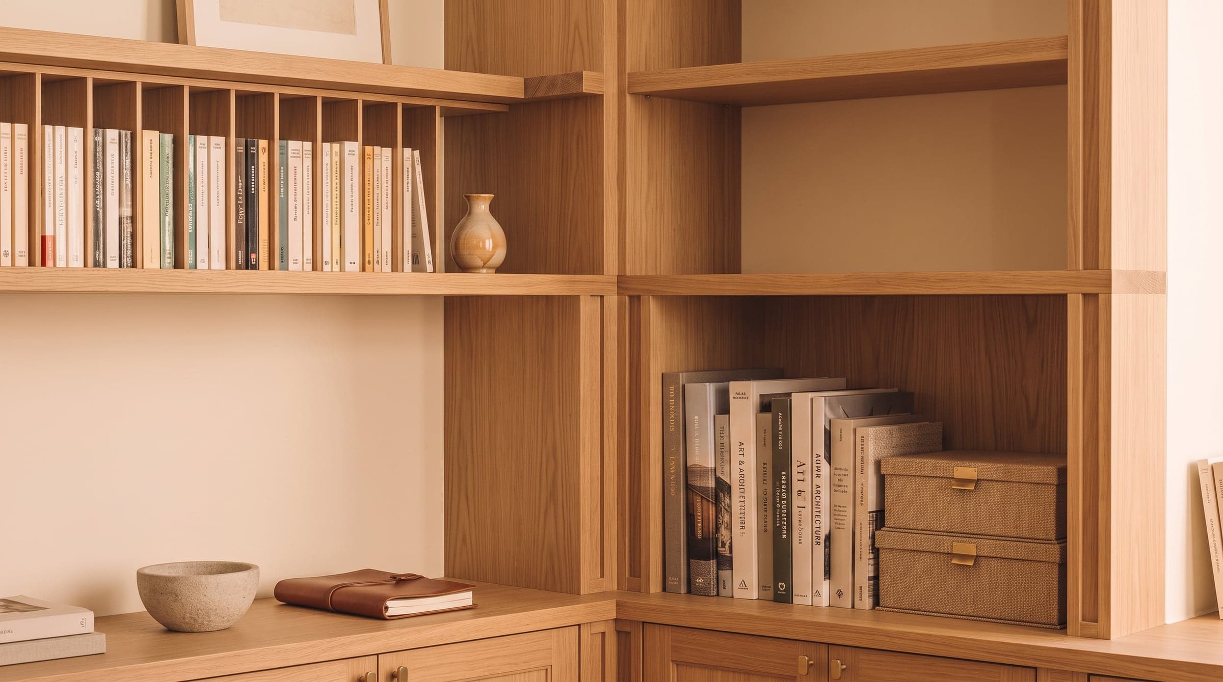 Détail d'une bibliothèque sur mesure : profondeur variable des tablettes, du livre de poche au bas fermé