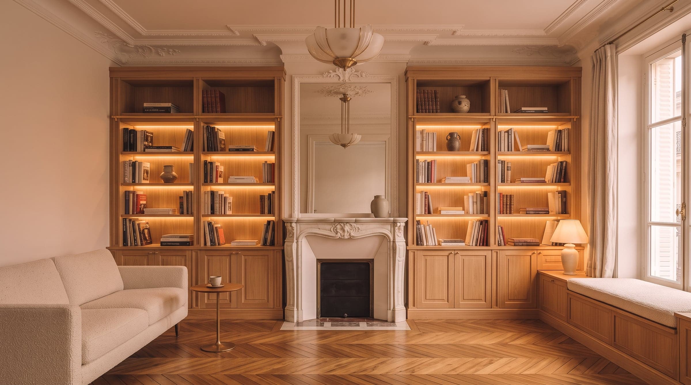 Bibliothèque en chêne flanquant une cheminée en marbre, éclairage chaud intégré sous les tablettes en soirée