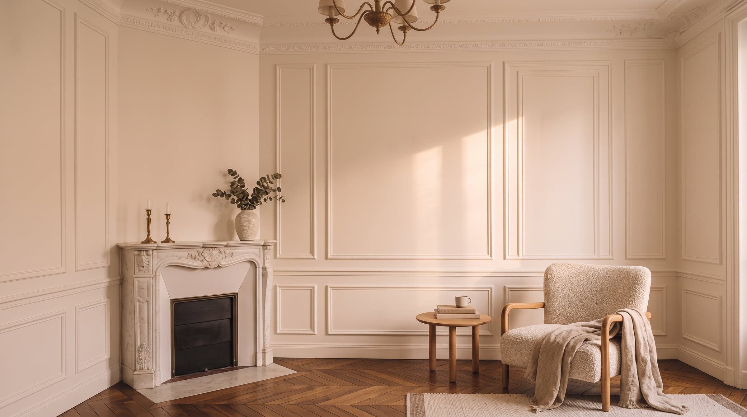 Corner of a tall Haussmann-era room where a plaster ceiling cornice meets a marble fireplace mantel