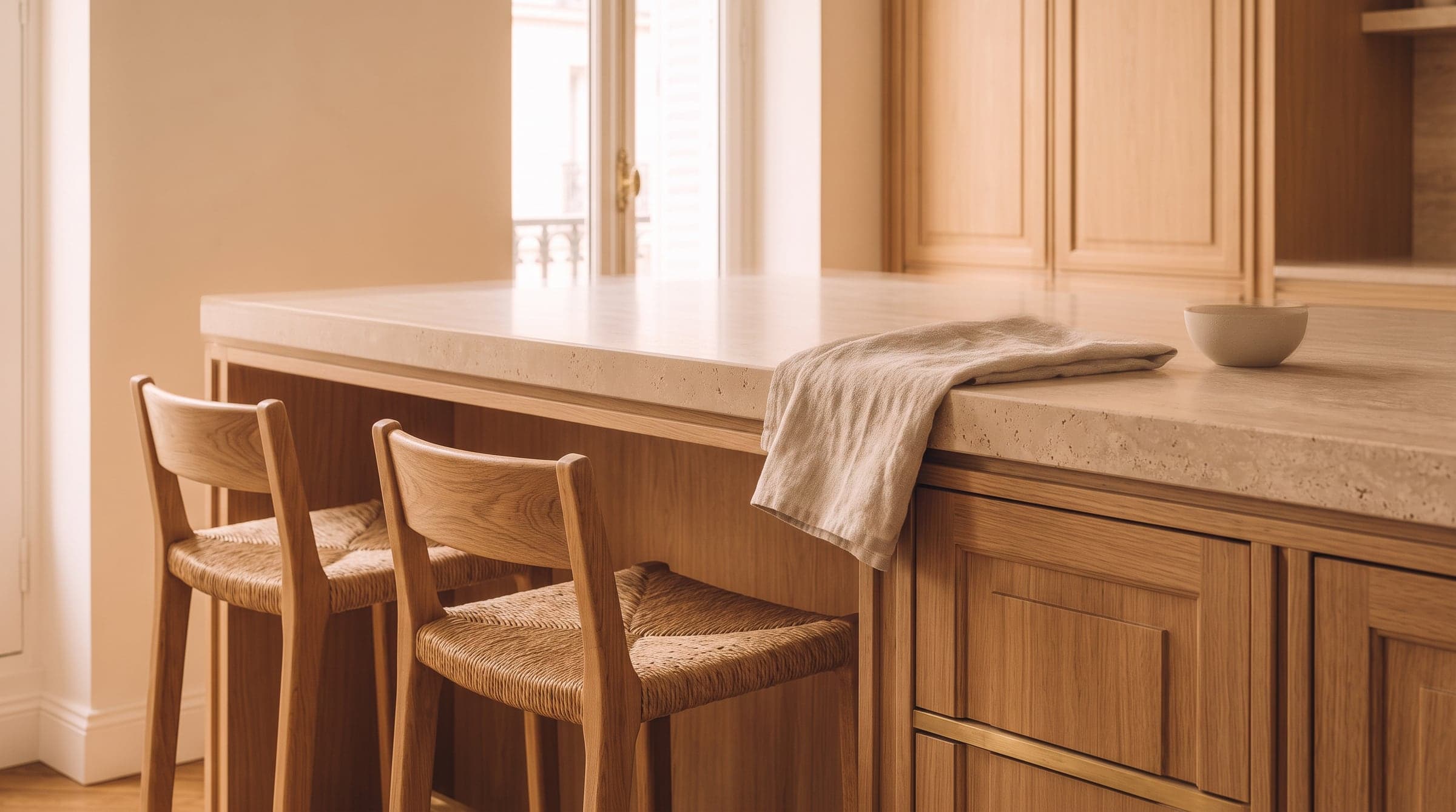 Îlot de cuisine avec un plan de travail en pierre en débord au-dessus de tabourets en bois