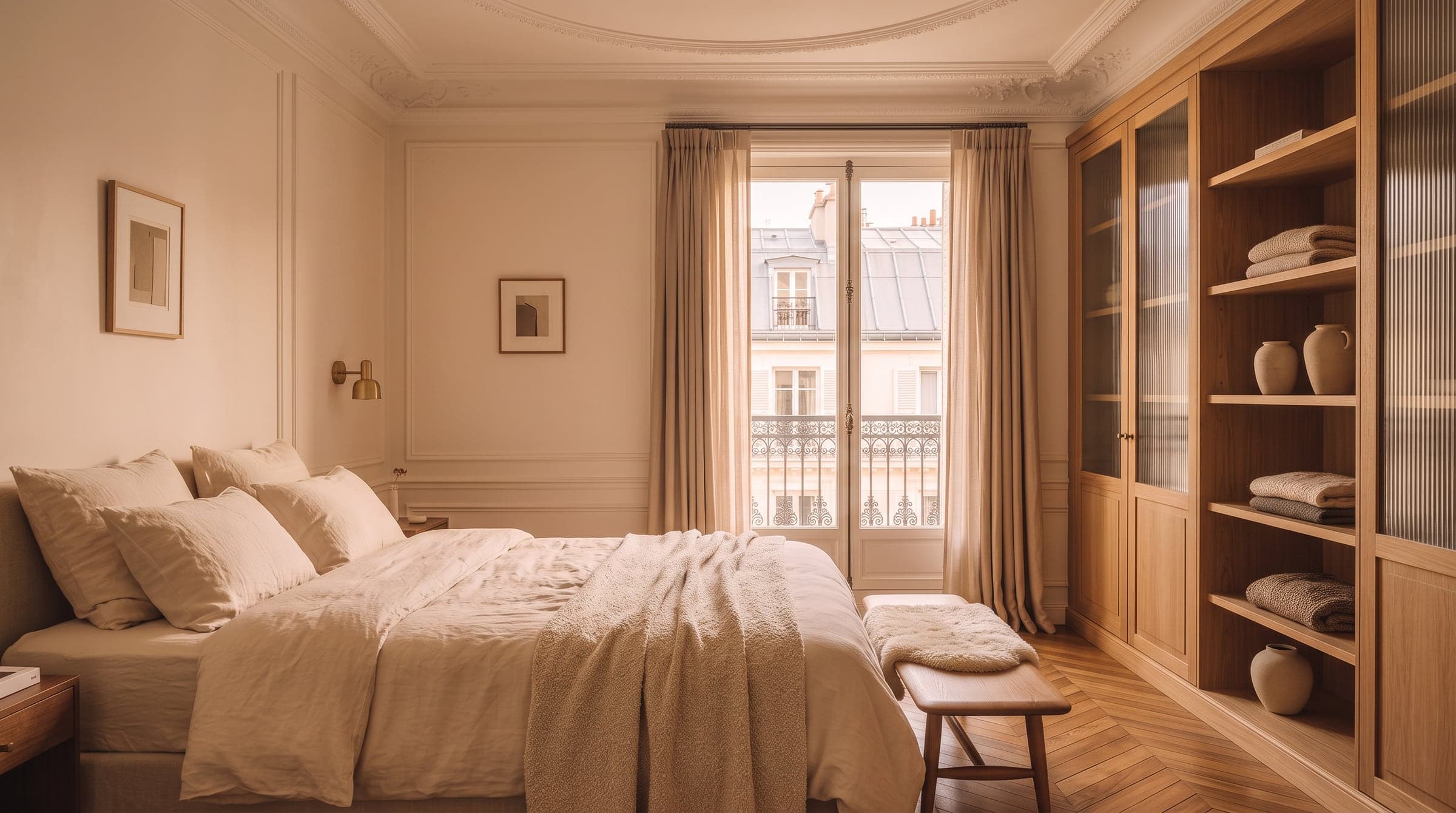 A finished Haussmann bedroom in soft morning light, a made bed, built-in oak wardrobe and a tall French window overlooking zinc rooftops