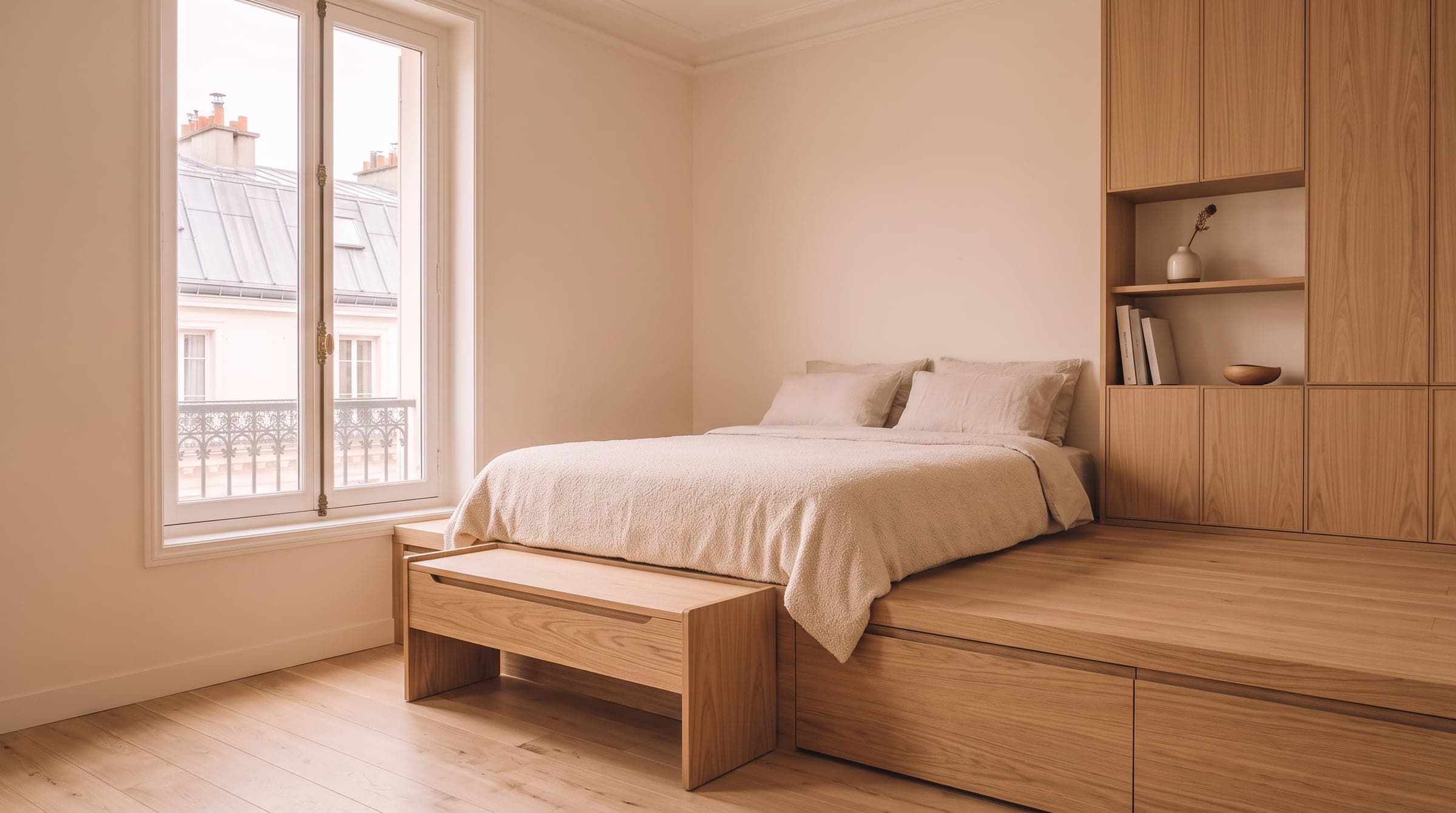 Bed on a raised oak platform with wide storage drawers built into its base, small Paris bedroom