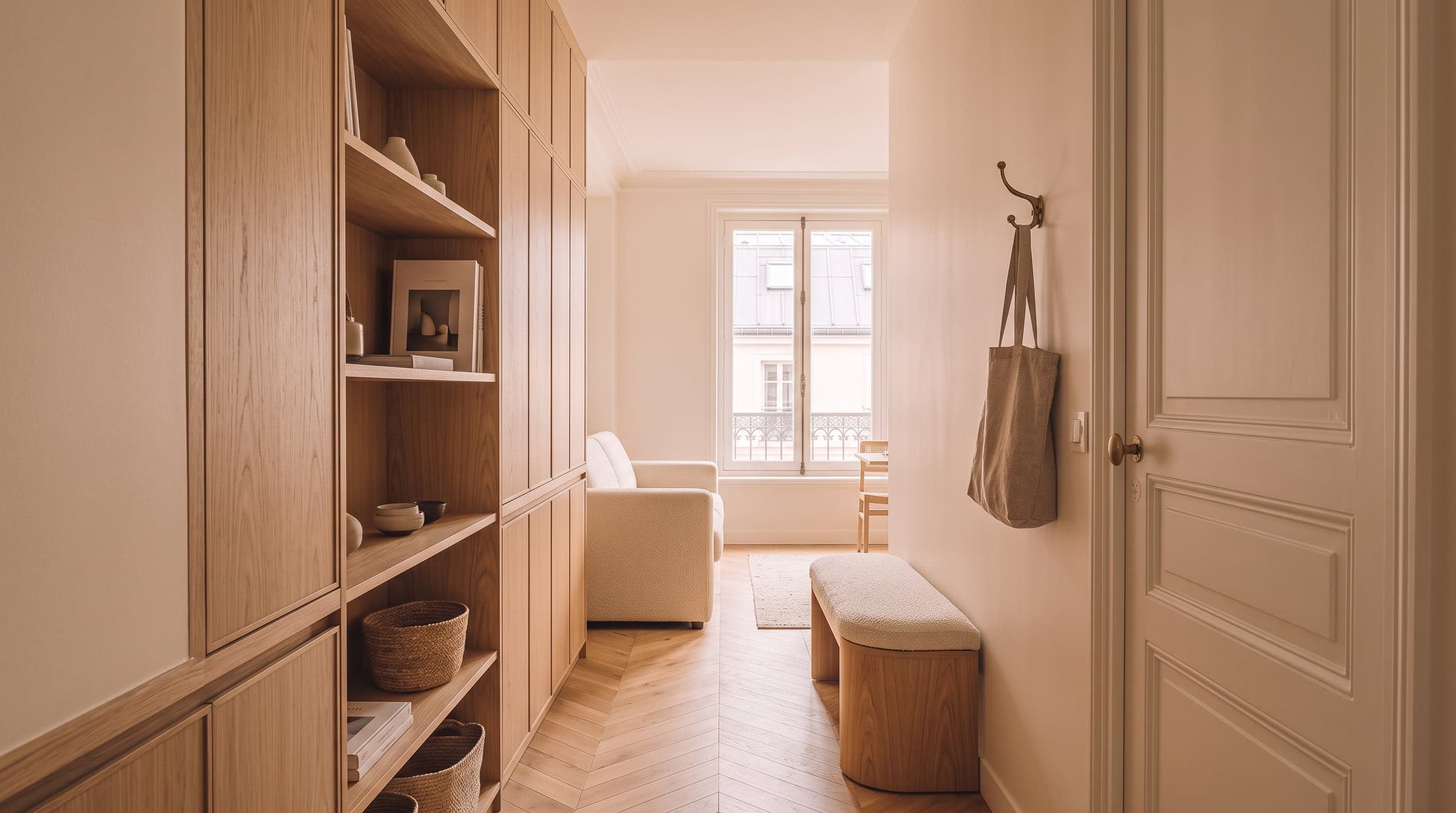 Entrance of a small apartment showing a narrow hallway lined with fitted oak shelving instead of wasted circulation space