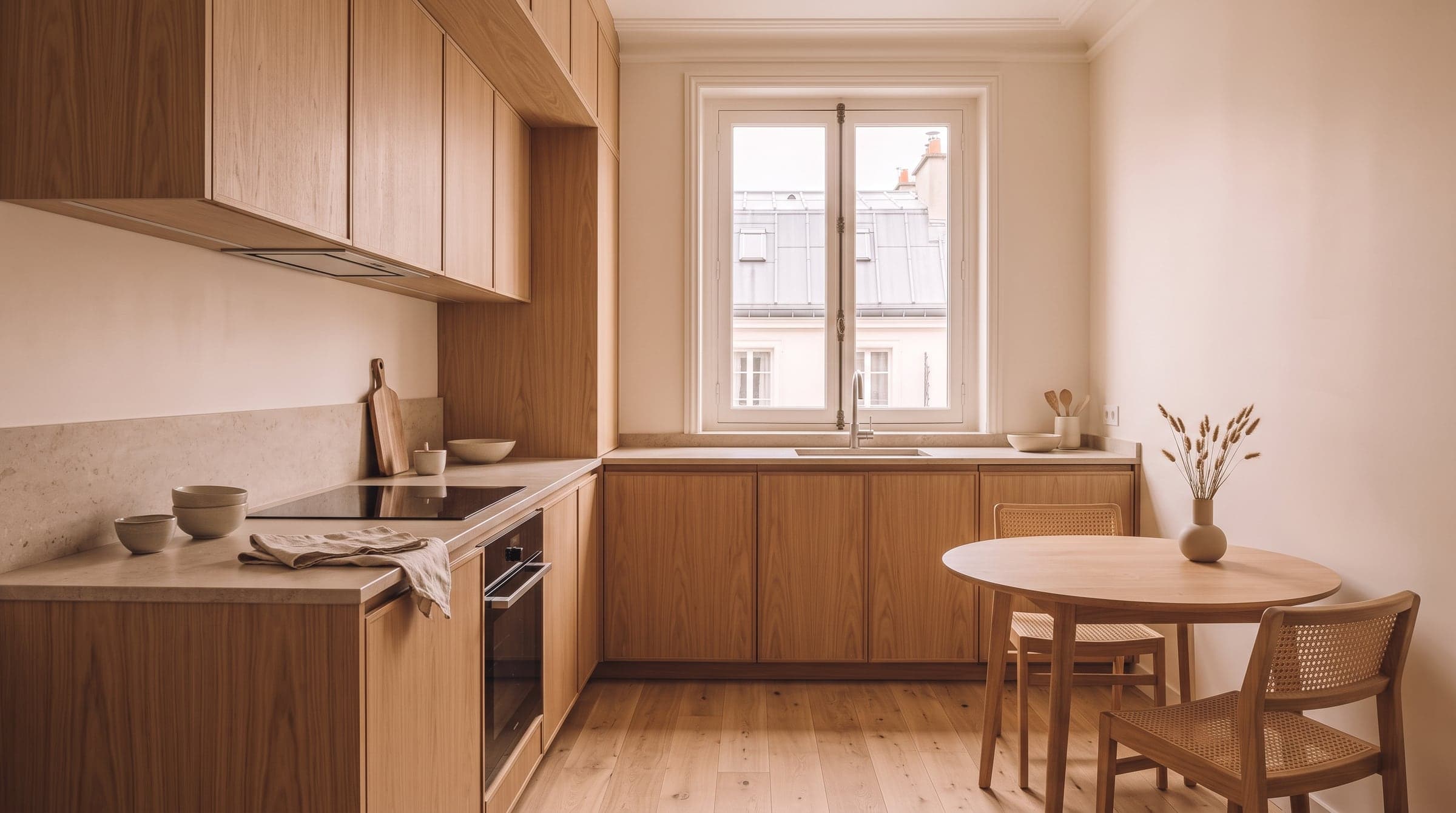 A straight kitchen line along one wall of a small Paris apartment, with an oak dining table nearby