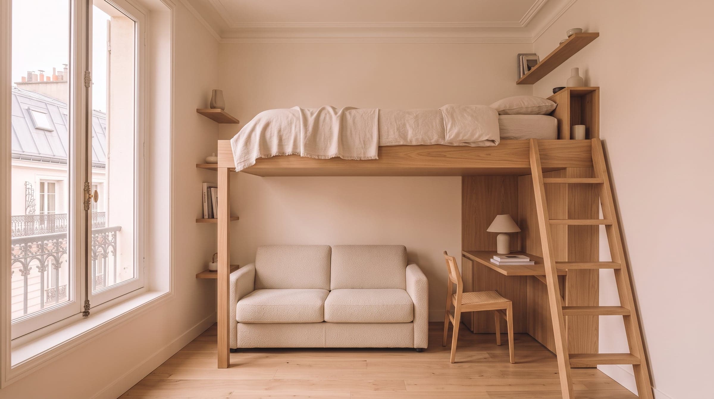 Raised sleeping platform with a ladder above a sitting area in a Paris studio with a high ceiling